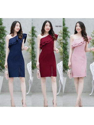 kudapy เดรสสั้นสีชมพู/สีแดง/สีกรม ออกงานเรียบหรู ระบายไหล่ เนื้อผ้าซาร่าสีพื้น เพิ่มดีเทลเก๋ ไหล่ข้างเดียว มีซิปข้าง ใส่ไปเที่ยว