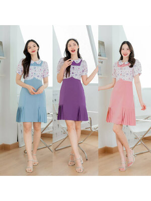 kudapy เดรสสั้นสีม่วง/สีฟ้า/สีชมพู ผ้าพื้นคอบัวกั๊กลาย ใส่ทำงาน ใส่เที่ยวสวยดูดี