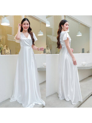 kudapy เดรสยาวสีขาว คอวีเเขนระบาย เนื้อผ้าชาตินเงา ชุดเจ้าสาวมินิมอล ชุดถ่ายพรีเวดดิ้ง ผ้าเครปเกาหลี ซับในยาวทั้งตัว