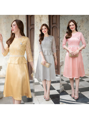 kudapy เดรสผ้าไหมญี่ปุ่น แต่งลูกไม้ฝรั่งเศสทอแน่น คอกลม แขนแต่งลูกไม้เนื้อนิ่มไม่คัน เอวแต่งมุกทรงกระโปรงบาน