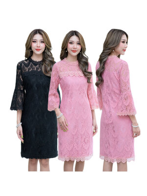 kudapy เดรสลูกไม้เนื้อนิ่มสีดำ/สีชมพุ คอกลม แขนยาวปลายแขนบานระบาย งานมีซับในแบบใส่ง่าย แต่งซิปด้านหลังค่ะ