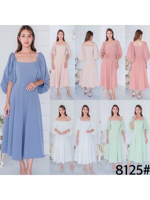 kudapy เดรสยาว คอเหลี่ยม แขนพองจีบรูด คัตติ้ง บอดี้ผ้าประกอบ8ชิ้น กระโปรงบานตีเกร็ดเอว