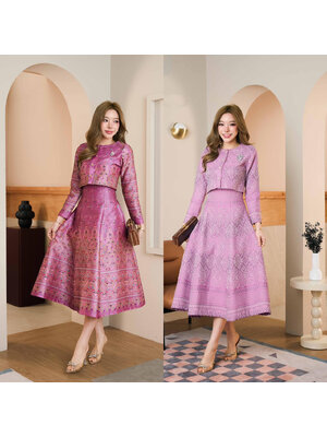 kudapy ชุดเซ็ทเสื้อแขนยาวกระดุมทอง+กระโปรงเอวสูง ผ้าทอลายสุดหรู อัดกาวพรีเมี่ยม