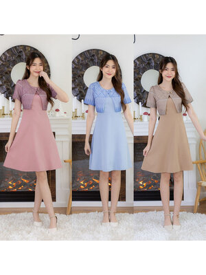 kudapy เดรสสั้น ทรงบานเสื้อลายไทยแต่งกระดุมที่คอ 2 ชิ้น