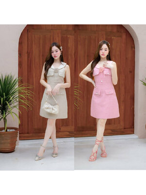 kudapy เดรสสั้นสีชมพู/สีครีม คอปกแต่งโบว์ดอกไม้ผ้าทวิต