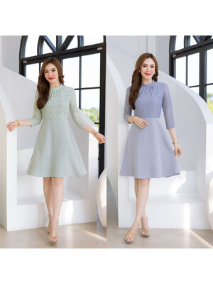 kudapy เดรสลูกไม้แขนห้าส่วน ตัดต่อกระโปรงผ้าพื้น สวยเรียบหรู ดูแพง สวยแบบลุคคุณหนูผู้ดี ช่วงคอจับจีบ