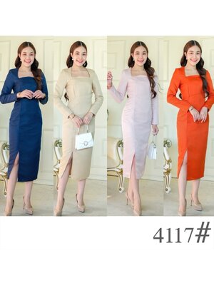 kudapy เดรสสั้นสีชมพู/สีทอง/สีกรม/สีส้ม คอเหลี่ยมแต่งอกโค้ง แขนยาว กระโปรงทรงสอบ ผ้าโพลีเอสเตอร์