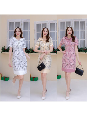 kudapy เดรสสั้นสีครีม/สีชมพู/สีขาว ชีฟองลายปกระบายโบว์ 1 ชิ้น