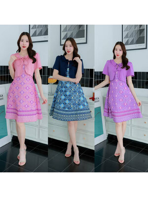 kudapy เดรสสั้นสีม่วง/สีชมพู/สีกรม ผ้าทอลายไทยเสื้อกระดุมโบว์