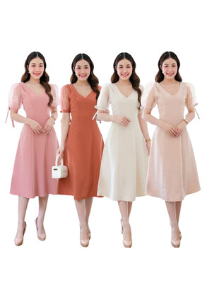 kudapy เดรสสั้นไปงานคอวีสีครีม สีขาว สีชมพู สีส้มอิฐ แขนตุ๊กตาผ้าแก้ว แต่งโบว์แขนเล็ เอวสูง ชายปล่อบทรง