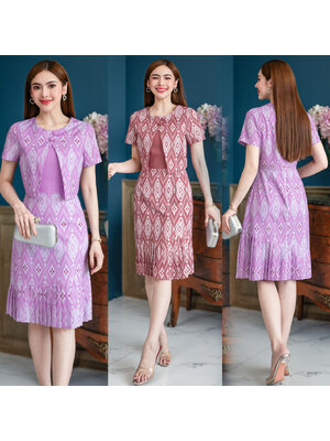 kudapy เดรสผ้าโพลีเอสเตอร์ งานพิมพ์ลาย กั๊กแต่งกระดุม ส่วนกระโปรงอัดพลีทเป็นจีบ ทรงสวย