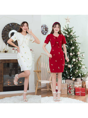 kudapy เดรสสั้นสีแดง/สีขาว/สีชมพู เสื้อคลุมผ้าปักดอก