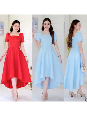 kudapy เดรสสั้นสีฟ้า/สีแดง แขนสั้น คอเหลี่ยม เกาหลีมากแม๊ คัตติ้งเริศแบบอลัง กระโปรงทรงหน้าสั้นหลังยาว