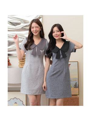 kudapy เดรสทรงเอแขนสั้น เนื้อผ้าทวีดมีกิมมิคลายทอ ตัดต่อเล่นสีคอปก แต่งชายโบว์ที่คอเพิ่มความน่ารัก