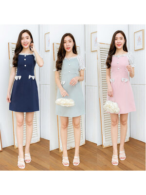 kudapy เดรสสั้นสีเขียว/สีชมพู/สีกรม คอเหลี่ยมแขนตุ๊กตาลายจุด