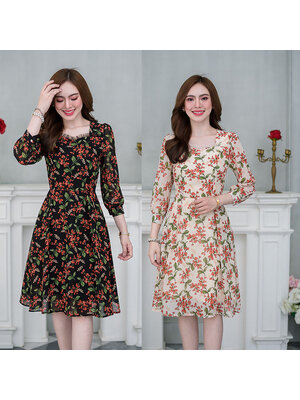 kudapy เดรสสั้นสีดำ/สีครีม ผ้าชีฟอง ลายสวยสดใส แพทเทิร์นสวยใส่สบาย มีดีเทลแต่งผ้าเนตช่วงคอ กระโปรงมีกระเป๋าด้านข้างสองข้าง สวยสดใส