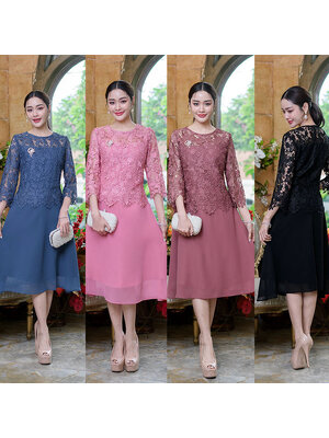 kudapy เดรสสั้นลูกไม้ไปงานสีฟ้าคราม/สีดำ/สีชมพู/สีกะปิ คอกลม แขนสามส่วน เดรสแต่งชีฟอง มีซับใน ทรงสวยมากค่ะ