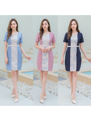 kudapy เดรสสั้นทูโทนคอเหลี่ยมแขนสั้นสีชมพู/สีฟ้า/สีกรม คอเหลี่ยมเสื้อและกระโปรงลายดอกด้านหน้า