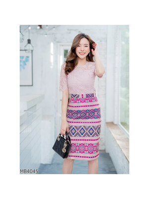 kudapy เซทเสื้อลูกไม้คอกลม+กปลายไทย ออกงานสีชมพู