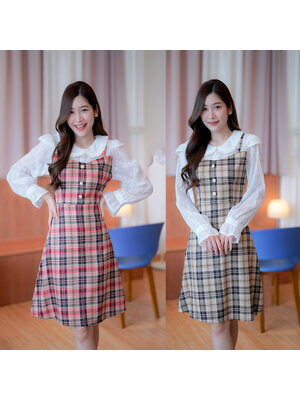 kudapy เดรสสั้นสีน้ำตาล/สีแดง สก็อตคอปกแขนยาวแต่งกระดุม