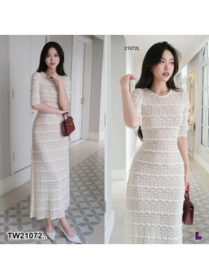 kudapy เดรสยาวสีขาว ลูกไม้ แขนสามส่วน เดรสแขนสามส่วน สไตล์ลูกคุณ สาวหวานเรียบร้อย