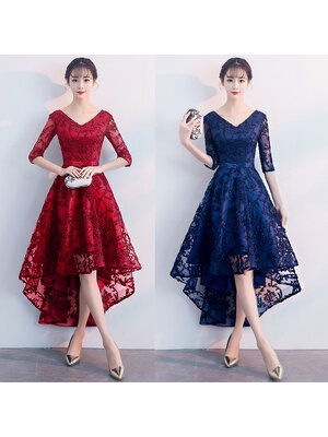 kudapy เดรสกระโปรงทรงบานหน้าสั้นหลังยาวสีแดง/สีน้ำเงินกรมท่า ออกงาน คอวีปักลายนูน แนวเรียบหรู สวย ดูดี ใส่เป็นชุดราตรี