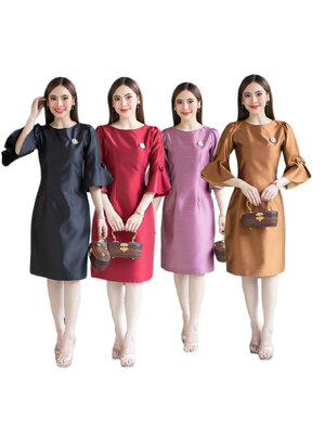 kudapy เดรสสั้นสีน้ำตาล/สีดำ/สีแดง/สีม่วง งานไหม 4 เส้น อัดกาวทั้งตัว ทรงสวยใส่ออกงาน