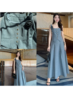 kudapy Set 3 ชิ้น : เสื้อแขนกุด+กระโปรง+เข็มกลัดดอกไม้ เซ็ทเสื้อแขนกุดมาพร้อมกระโปรงยาวทรงปล่อย เสื้อเป็นกระดุมจริง ตกแต่งกระเป๋าหลอกด้านหน้าซ้ายขวา