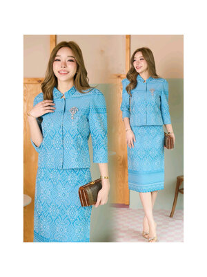 kudapy ชุดเซ็ทสีฟ้า ผ้าฝ้ายลายทอลายราชทาน ผ้าฝ้ายทอ สไตล์เซเลป แบบน่ารักและทรงคุณค่า