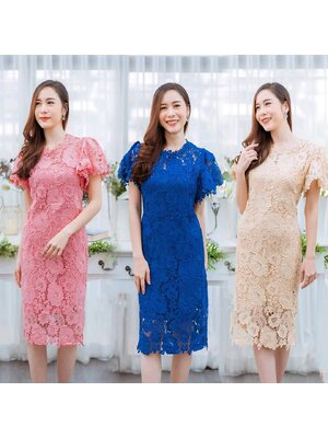 kudapy เดรสสั้นไปงานลูกไม้แขนระบาย เดรสสั้นสีชมพูพาสเทล/สีครีมทอง/น้ำเงิน ใส่ออกงานผ้าลูกไม้ปักเลื่อม ซับในอย่างดีเก็บทรงเอเข้ารูป