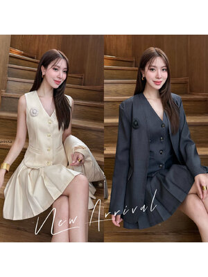 kudapy เซ็ท 4 ชิ้น เสื้อสูท+เสื้อ vestด้านใน +กระโปรง(กางเกงเป็นซับใน)+เข็มกลัดดอกไม้ ใช้ผ้าเดียวกันทั้งเซ็ท ตัวเสื้อสูทมีซับในอย่างดี