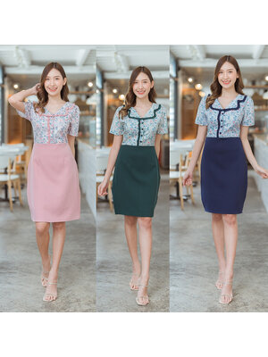 kudapy เดรสสั้นสีเขียว/สีชมพู/สีกรม คอบัวลายดอก ใส่สบายสวยดูดี