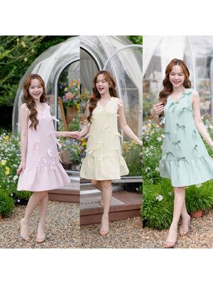 kudapy เดรสสั้นสีเหลือง/สีเขียวมิ้นท์/สีชมพู เดรสชายกระโปรงจับจีบเป็นระบายรอบตัว แขนกูด ตัวเดรสแต่งโปว์สวยดูดี