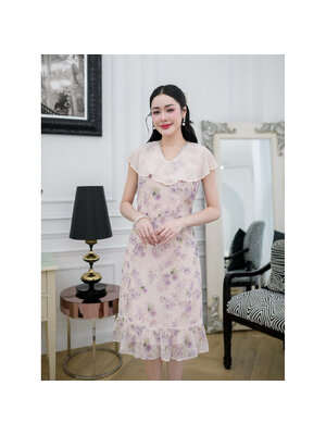 kudapy เดรสสั้นสีดอกม่วง/สีดอกชมพู ลายดอกไม้ สไตล์น่ารักที่ใส่สบาย ผ้าพริ้ว คอวีแต่งมุกน่ารัก