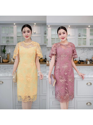 kudapy เดรสสั้นสีเหลืองนวล/สีกะปิ ผ้าลูกไม้บุหงา พื้นผ้าลูกไม้เป็นผ้าตาข่าย ปักลายสวย