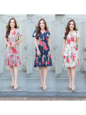 kudapy เดรสสั้นสีกรม/ครีม/ชมพู คอวีกระโปรงชีฟองสวยใส ใส่แล้วดูดีมากๆ