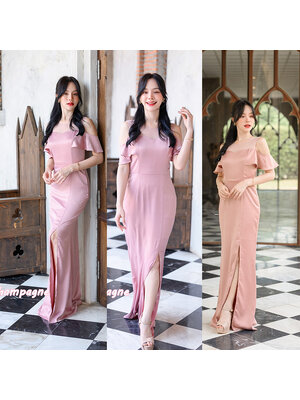 kudapy เดรสยาวPink Champagne/Pink Gold ทรงสวย ใส่ออกงานสวยหรูดูแพง ช่วงบนทำเป็นอก Curve คล้ายเกาะอก แต่จริงๆแล้วแต่งด้วยผ้าซีทรูใส่ง่ายไม่ต้องกลัวโป๊กลัวหลุด
