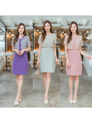 kudapy เดรสสั้นสีเขียว/สีชมพู/สีม่วง เดรสใส่ทำงานท่อนบนลายดอกมีกระดุมกลางอก