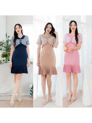 kudapy เดรสสั้นสีน้ำตาล/สีชมพู/สีกรม ปลายกระโปรงพลีทกั๊กสก๊อต