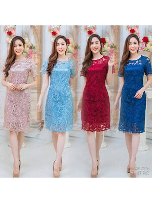 kudapy เดรสสั้นไปงานแต่งสีแดง เดรสสั้นคอกลม แขนสั้น ผ้าลุกไม้ปักเลื่อม ซับในผ้าซาตินเนื้อนิ่มอย่างดี