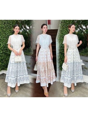 kudapy เซตเสื้อลูกไม้สีขาวแต่งระบาย+กระโปรงยาวลายไทย สีครีมน้ำตาล,สีเทาฟ้า