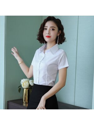 kudapy เสื้อเชิ้ตทำงานสีขาวคอปก แขนสั้น