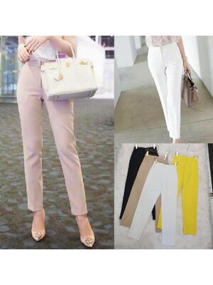 kudapy กางเกงขากระบอกเล็กเดปเอวสูงขา8ส่วน สีขาว สีดำ สีครีมเบจ สีเหลืองเลมอน เนื้อผ้าคอตตอนผสมสเปนใส่สบายค่ะ