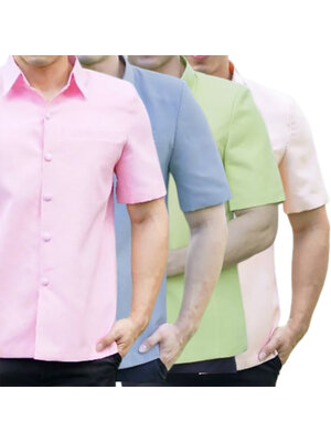 kudapy เสื้อผ้าไหมคอปกสีชมพูอ่อน ,เขียวอ่อน ,โอรส ,สีเทา เสื้อผ้าไทยผู้ชาย คอเชิ้ต ผ่าหน้า แขนสั้น มีกระเป๋าด้านซ้ายบน (อัดผ้ากาว มีฟองน้ำเสริมไหล่)