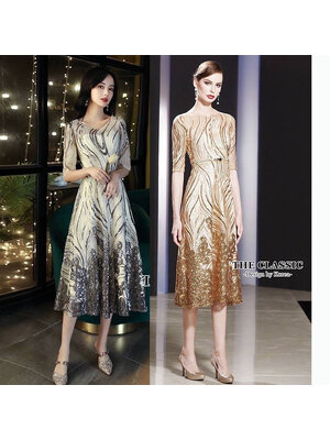 kudapy เดรสสั้นสีทอง/สีเทาเงิน ออกงานปักเลื่อม ใช้ผ้าเนื้อดีปักลวดลายด้วยเลื่อมสลับสี ปักแน่นลายชัด