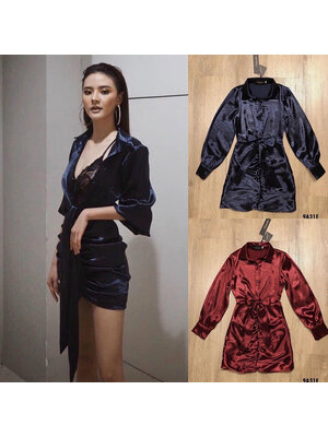 kudapy เดรสสั้นสีแดง/กรม ปกเชิ้ตคอวีแขนยาว เย็บจับทวิสตรงเอวใส่แล้วดูดีเซ็กซี่