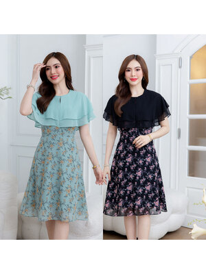 kudapy เดรสสั้นสีดำ/สีเขียว ผ้าชีฟอง ระบายสองชั้น ลายใหม่แพทเทิร์นยอดฮิต สวยพริ้ว ตัวเดรสเป็นชีฟองลายดอกสวย ตัดกับชีฟองสีพื้น