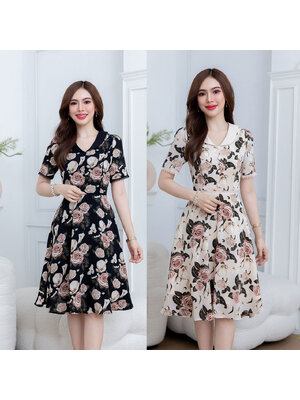 kudapy เดรสสั้นสีครีม/สีดำ คอปก ผ้าชีฟอง ลายกุหลาบโทนสีสวย ดีเทลแต่งกระดุมช่วงอก และแต่งลูกไม้ชายแขน