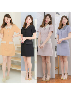 kudapy เดรสสั้นสีเทาฟ้า/สีครีมเข้ม/สีดำ/สีชมพูอ่อน คอปกแขนสั้น แต่งปกและฝากระเป๋าด้วยผ้าชาแนลโทนสีแมทช์กับชุด