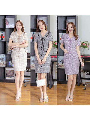 kudapy เดรสสั้นสีน้ำตาล สีดำ สีม่วง ผ้าลายชิโนริ คอบัว ดีเทลมาพร้อมเชือกผูกโบว์ แต่งกระดุม แบบน่ารัก